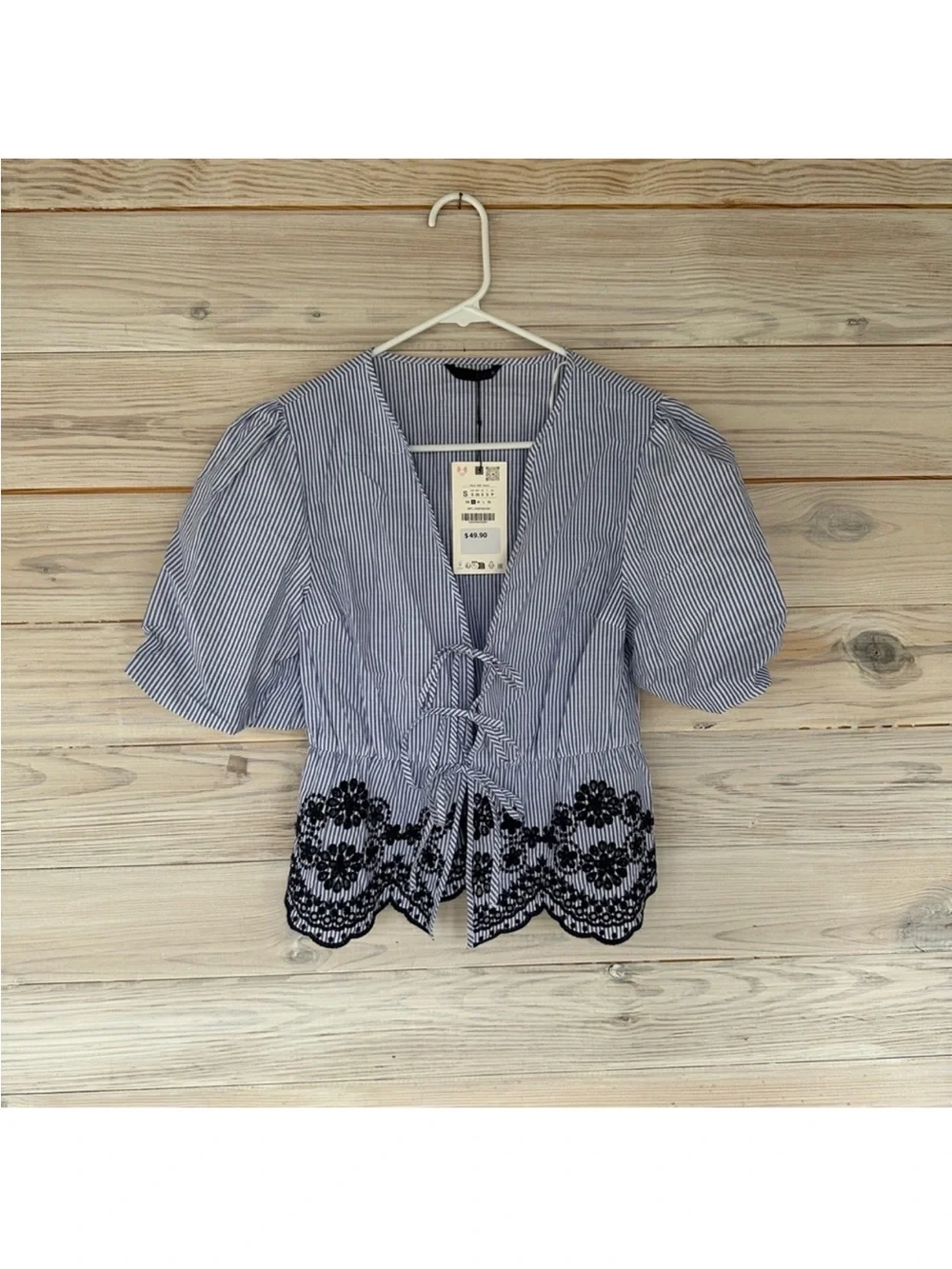 NWT ZARA Blue & White Striped Lace Hem Tie Front Blouse Size S